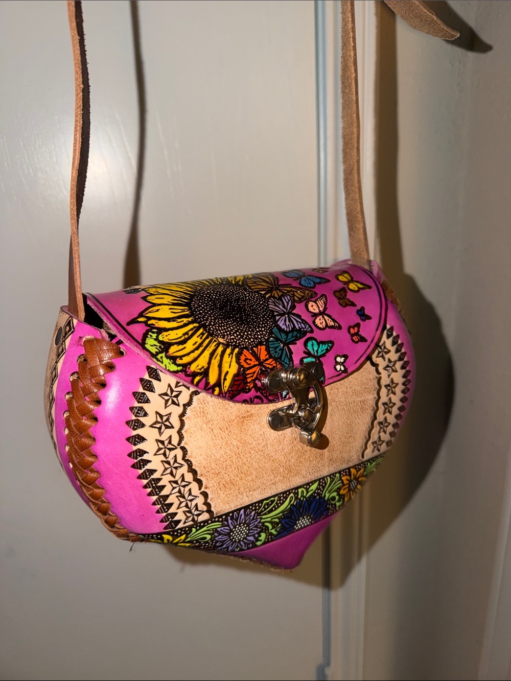 Mexican Real Leather Handmade Pink Floral Sunflower Crossbody Bag
